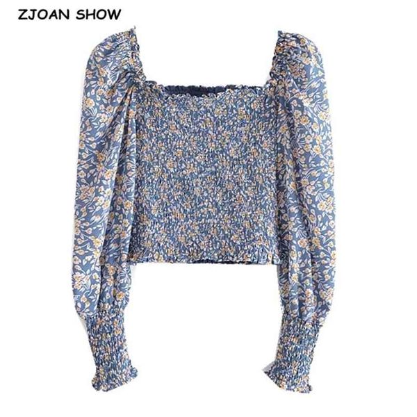 

vintage blue floral print crop shirt women square neck elastic ruched body slim fit blouse french summer elegant 210429, White