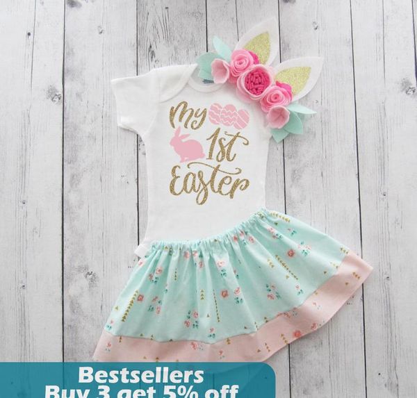 

children's sets born infant baby boys easter letter romper+tutu floral skirt+headbands kids suits dress clothing, White
