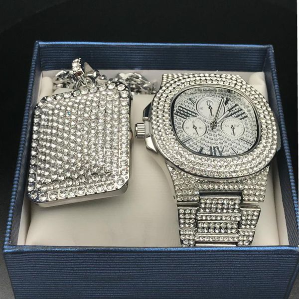 

earrings & necklace luxury men watch combo set pendant out cuban rapper stylish jewelry hip hop for, Silver