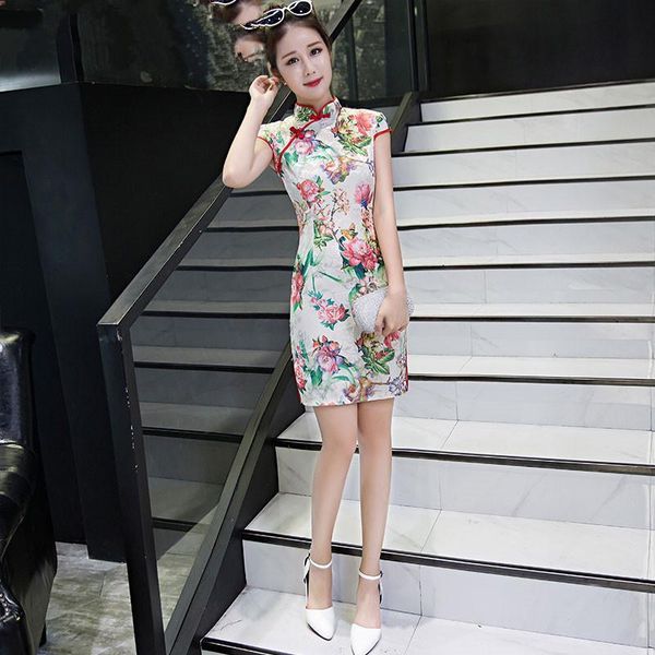 

ethnic clothing women short cheongsam white sleeve print long qipao dresses thin fashion dress rq6b, Red
