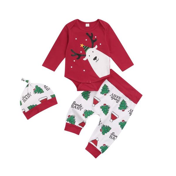 

clothing sets toddler baby girls boys clothes christmas 3pcs red long sleeve romper printed pattern pants and cap outfits, White