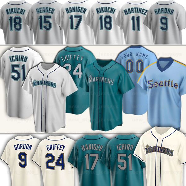 

seattle 24 ken griffey jr mariners baseball jerseys 22 robinson cano 51 ichiro suzuki 1 kyle lewis 11 edgar martinez seager 9 dee gordon 7 m, Blue;black