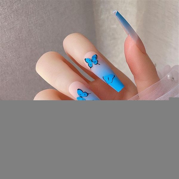 

false nails fashion full cover ballerina matte t-shaped blue butterfly fake nail artificial, Red;gold