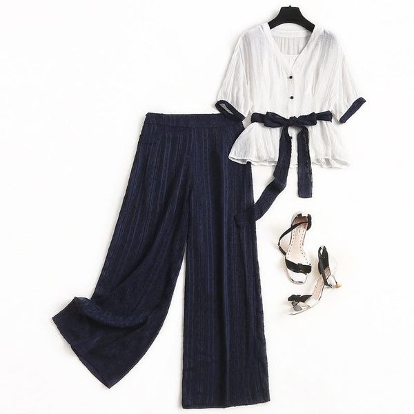 

plus size chiffon suspender shirt wide-leg suit women summer style fashion high waist wide legs pants 2pcs sets two piece dress, White