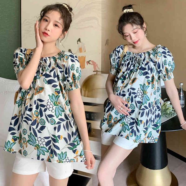 

shirts 6675# summer casual flroal printed thin cotton maternity shirts tunic clothes for pregnant women pregnancy, White