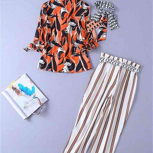 

women's two piece pants europe and the united states show same paragraph fashion printed shirt + striped lace pants suit wksg, White