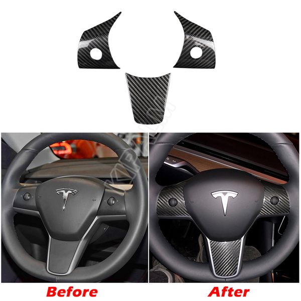 

real carbon fiber steering wheel trim sticker cover for tesla model 3 interior modification 2017-2021