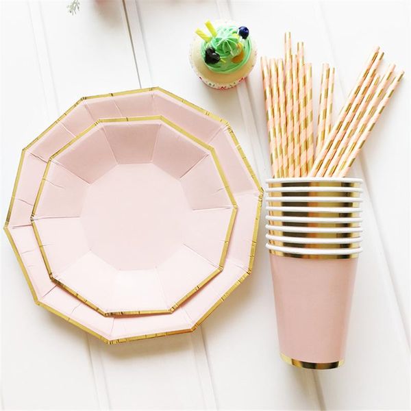 

dinnerware sets pink bronzing gold inlay disposable cutlery set paper tray plate cups straws delicate tableware