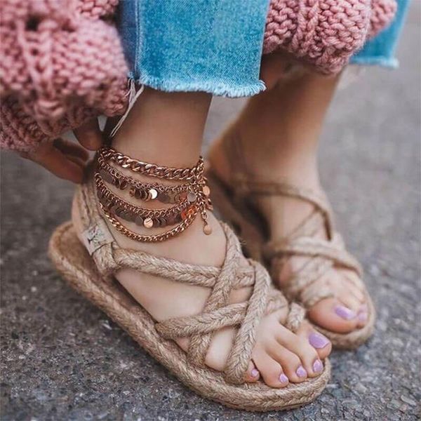 

sandals summer for woman 2021 holiday beach shoes braided rope casual bohemia style fashion femmes sandales ladies footwear, Black