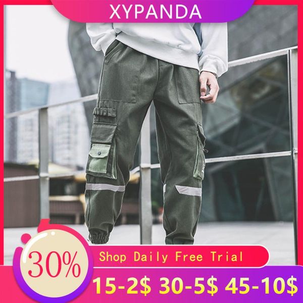 

men's pants xypanda hip-hop loose multi-pocket reflective stripe tooling nine points beam men tide brand harem, Black