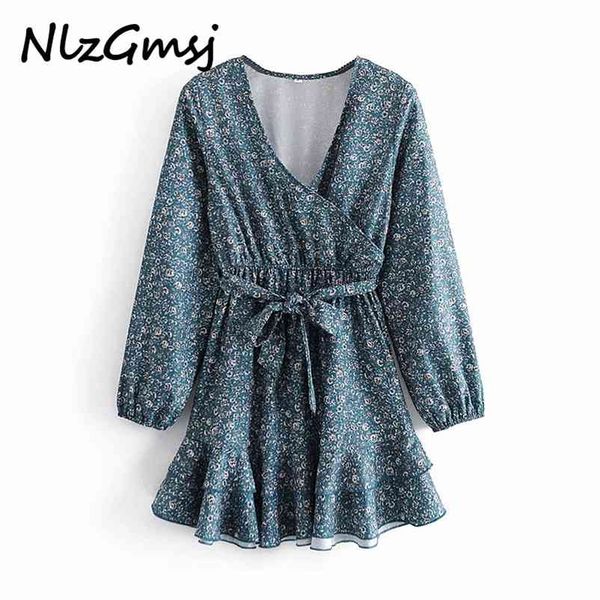 

dres vintage cross v neck floral print ruffles mini femme long sleeve bow tied sashes vestido 210628, Black;gray