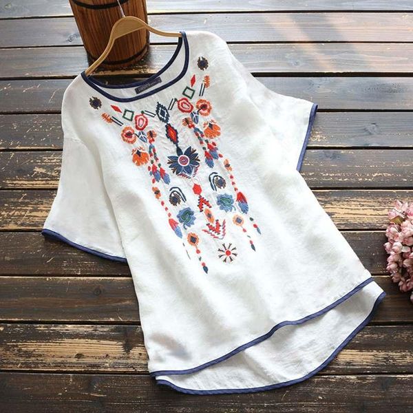 

women's blouses & shirts embroidery blouse zanzea 2021 fashion summer short sleeve female floral tunic casual chemise plus size, White