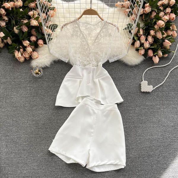 

women's tracksuits light mature women lace patchwork shorts arrivals v-neck short sleeve two piece set fashion temperament summer 2021, Gray