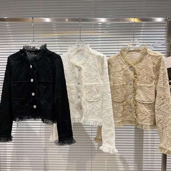 

women's jackets flower lace detailed button up stand neck lightweight jacket beige / white black, Black;brown