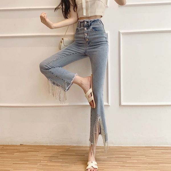 

women's jeans european style studded woman 2021 spring high-waist slim fringed beaded diamond ladies high street denim pants xy8v, Blue