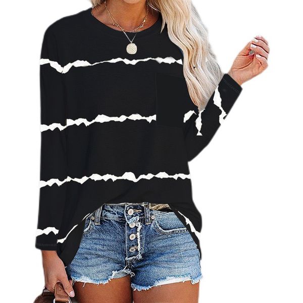

women's long-sleeved t-shirt striped printing loose oversized blouse casual bottoming clothing autumn and winter clothing 002, White