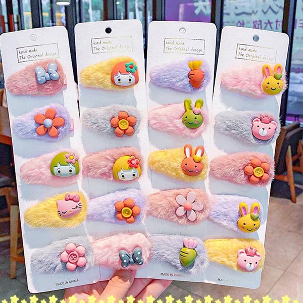 

hair accessories 5pcs/set winter girls cute cartoon soft plush hairpins kids sweet clips headband barrettes fashion, Slivery;white