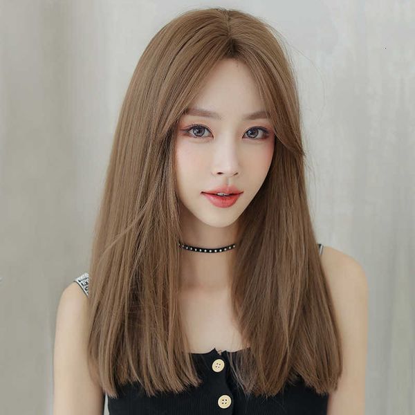

korean fashion bang's long natural trim clavicle straight hair wig head cover, Black