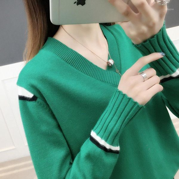

women's sweaters 2021 autumn winter v-neck sweater fashion decoration korean version of the wild pullover shirt, White;black