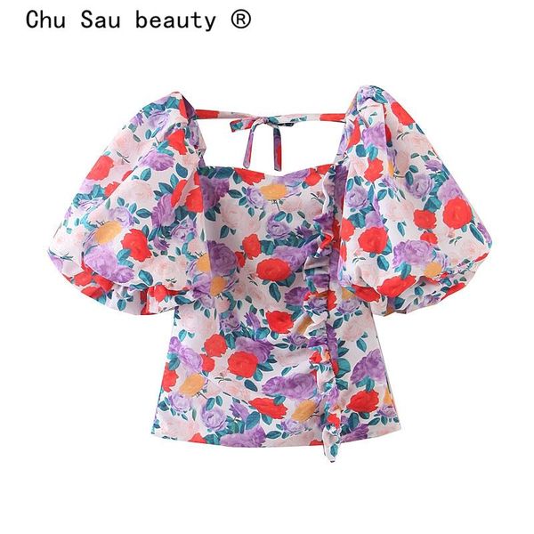 

chu sau beauty fashion french style floral print women sweet chic puff sleeve ruffles backless holiday blouses female women's & shirts, White