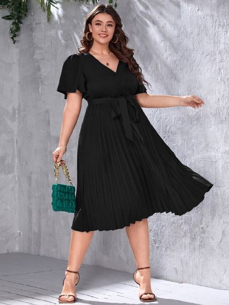

plus butterfly sleeve pleated belted dress 52tb#, Black