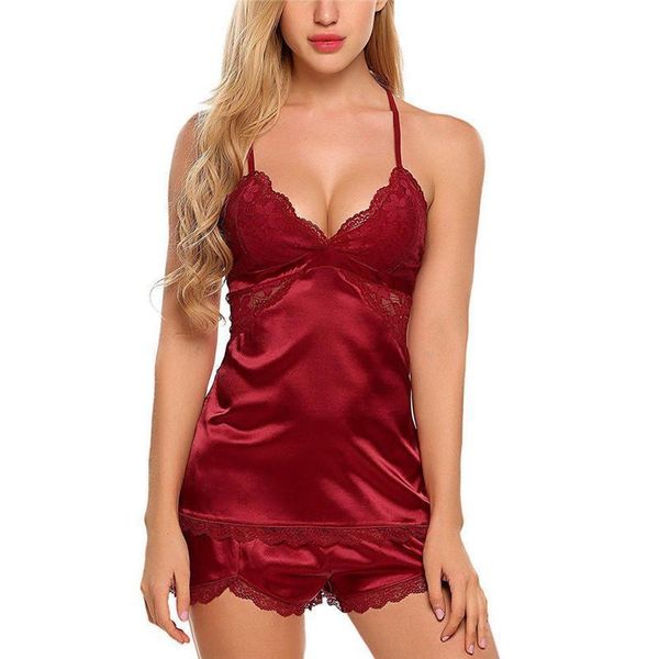 

women sleepwear 2pcs lingerie satin lace flower babydoll nightdress pajamas set deep v neck shirt shorts clothes, Black;red