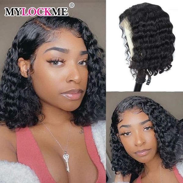 

mylockme13x4 lace frontal wig human hair pre plucked 8-16 inch short bob deep curly lacefront wigs for black women1, Black;brown