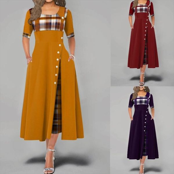 

elegant long summer vintage womens dress plaid print party office lady irregular button patchwork a line midi, Black;gray