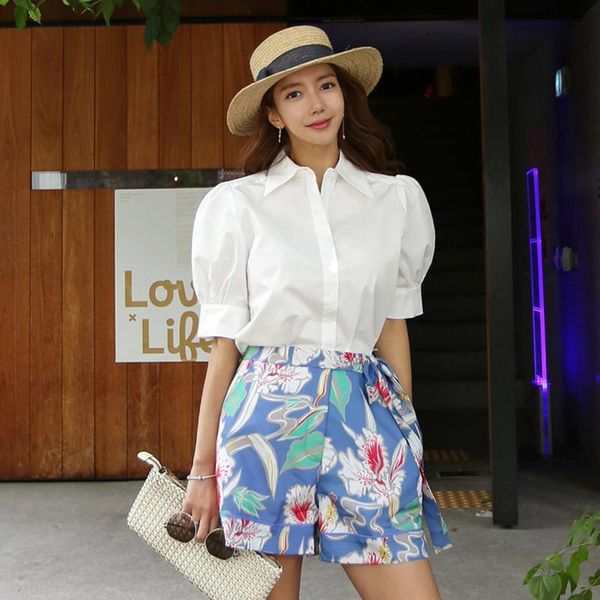 

Women's Tracksuits arrival elegant white shirt and print short pant high quality simple work style 2 pieces casual fresh beautiful wome, Gray