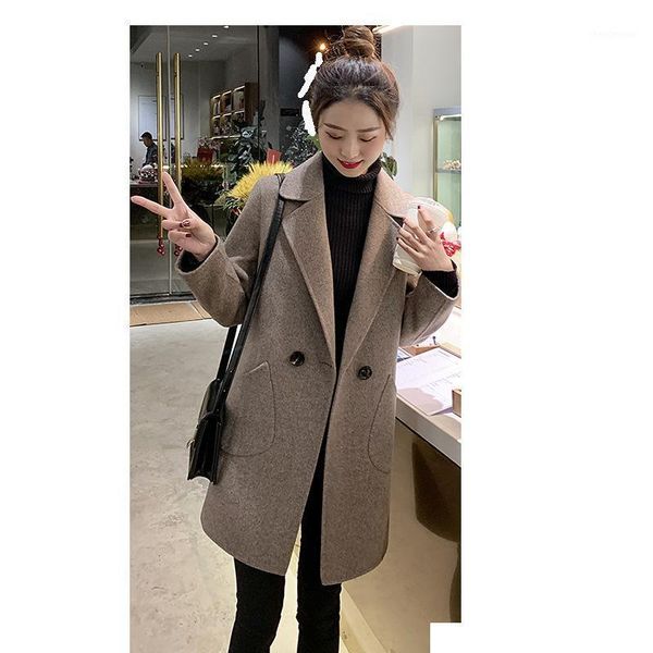 

women's wool & blends casual fashion slim women jacket turn-down collar double breasted full sleeve korean coats, Black