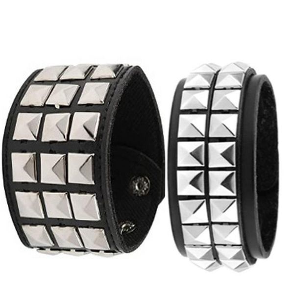 

charm bracelets punk rivet leather rock 2/3 rows square nails wristband adjustable size & bangle for women men hand jewelry, Golden;silver