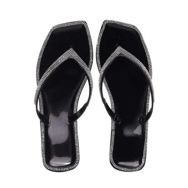 

sandals fashion flip-flops women square toe flat casual crystal shoes rhinestone jelly slippers beach sandal slipper, Black