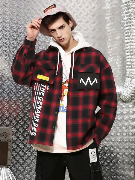 

men flap pocket plaid & slogan graphic jacket m2hy#, Black;brown