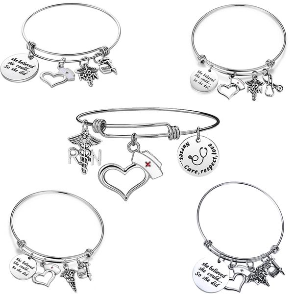 10 PCs / Lote Acessórios Médicos Estetoscópio Aço Anterior Charms Inspirados RN LPN Angel Wing Braça Ajustável Pulseira para Presentes de Enfermagem