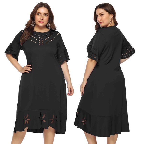 

women's plus size loose burnt out hollow trumpet sleeve fashion casual 11046