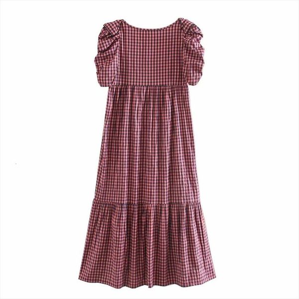 

summer retro square collar puffy womens tank short sleeved pleated decorative midi dress vichy grid stack, White