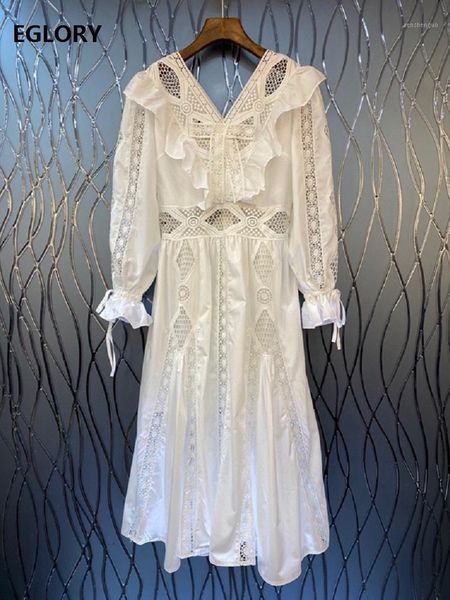 

casual dresses runway dress 2021 autumn style women v-neck hollow out embroidery long sleeve mid-calf party cotton, Black;gray