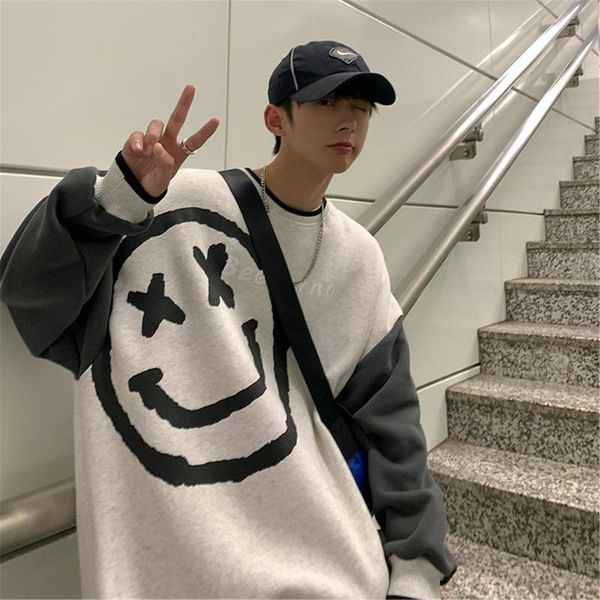 

men's hoodies & sweatshirts smile print patchwork hoodie streetwear men loose funny japan harajuku clothes summer high street long sle, Black