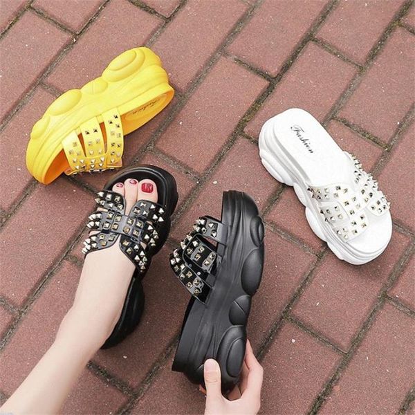 

flip flops women slippers super high heels platform shoes comfortable wedges beach rivet sandals summer chunky woman, Black