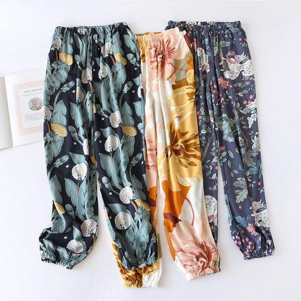 

women's sleepwear print pants loungewear elastic trousers nightwear women viscose pajamas intimate lingerie comfy summer homewear, Black;red