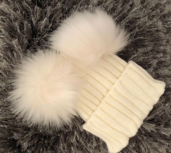 

hair accessories children's winter toddler baby kids faux fur hat cap beanie with 2 two double pom poms pompom ears funny for boys and, Slivery;white