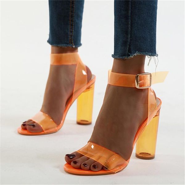 

sandals 2021 summer women 11.5cm high heels transparent pvc lady fetish block orange prom party shoes strappy rainbow pumps, Black