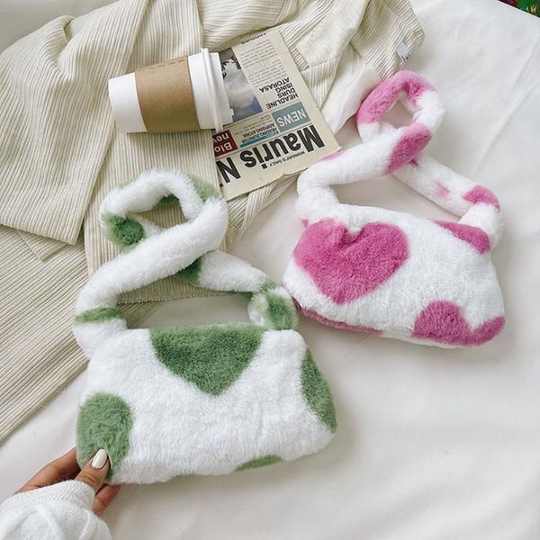 

evening bags women flower love heart printing plush shoulder bag straps non-adjustable ladies casual autumn winter small tote
