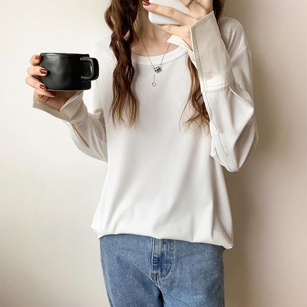 

women's t-shirt 2021 spring autumn fashion women t shirt long sleeve loose solid casual female o neck patchwork asymmetrical tees, White