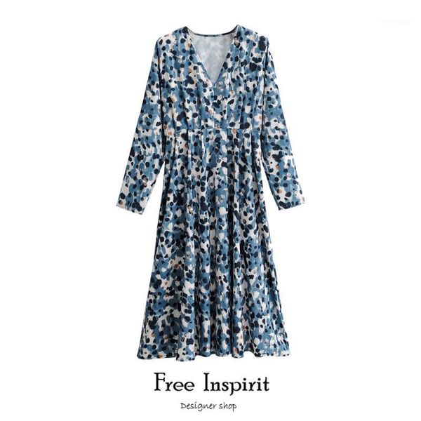 

casual dresses inspirit arrival bohemian style a-line long sleeve v-neck dot print women's mid-calf dress, Black;gray
