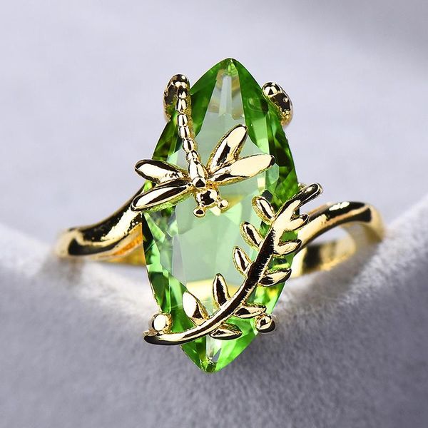

wedding rings fashion silver 925 ring oval green gems dragonfly shaped gold color jewellery ornaments for women gifts wholesales, Slivery;golden