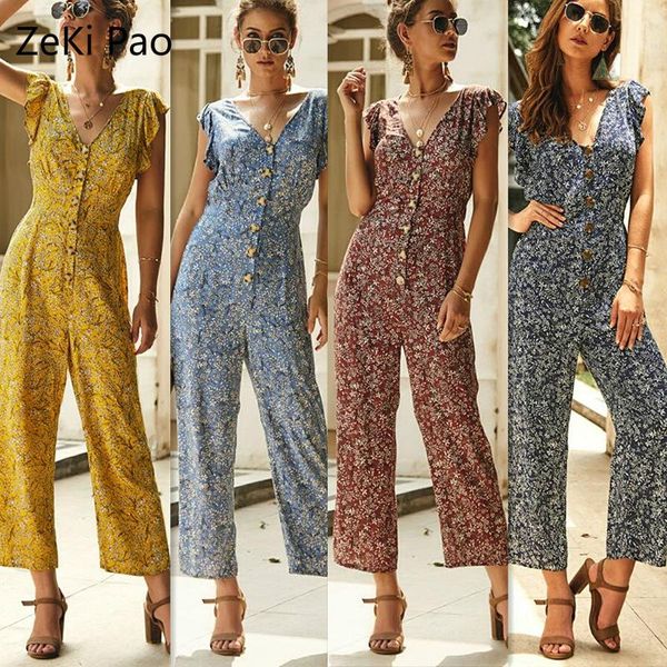

women's jumpsuits & rompers summer fashion print small floral boho jumpsuit short sleeve deep v-neck single-breasted chiffon elegant, Black;white