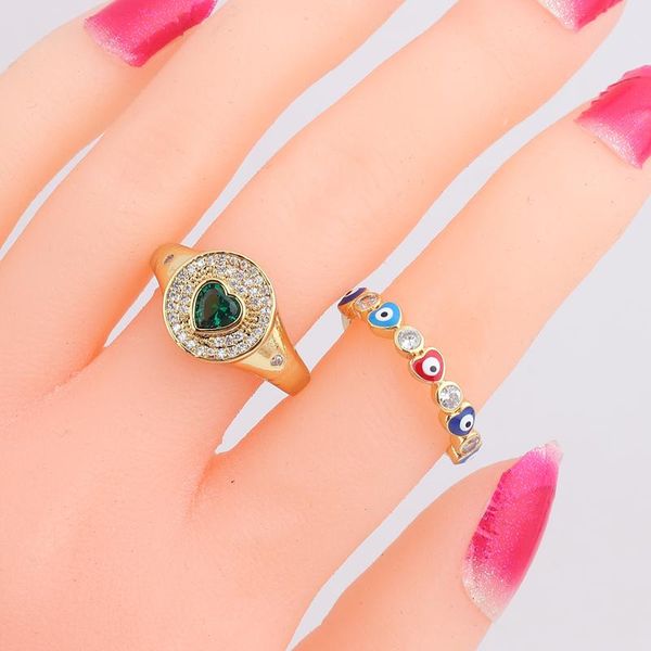 

wedding rings creative simple double-layer green love ring inlaid zircon retro heart-shaped for ladies and girls fashion jewelry, Slivery;golden