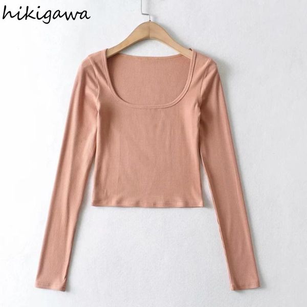 

women's t-shirt hikigawa crop french romantic square collar long sleeve short t-shirts basic patchwork elegant t shirt, White