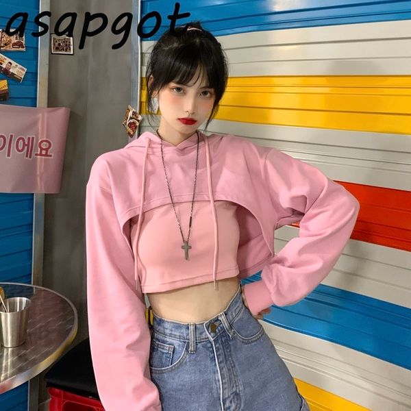 Hoodies Tişörtü Kore Chic Moda Ince Seksi Kaşkorse Tops + Kazaklar Pembe Kısa Kapüşonlu Ceket Setleri Rahat Vahşi 210429